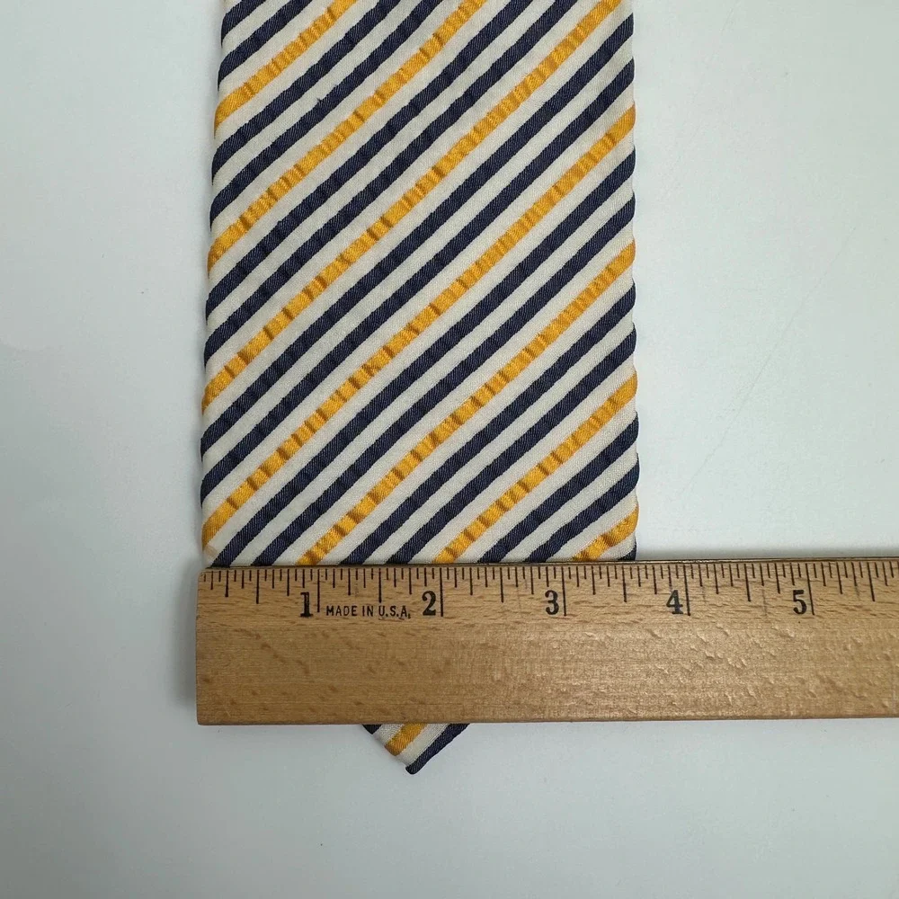 Harold Powell Seersucker Necktie Mens Navy Yellow Repp Striped Silk USA 58x3.5